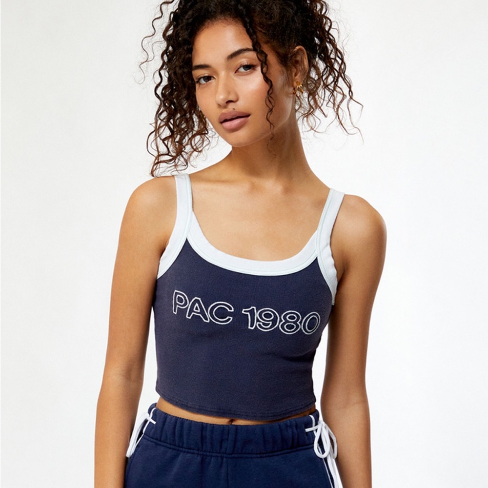 PacSun Navy Ribbed Cropped Tank Top 1980 White Trim Sleeveless Sz S